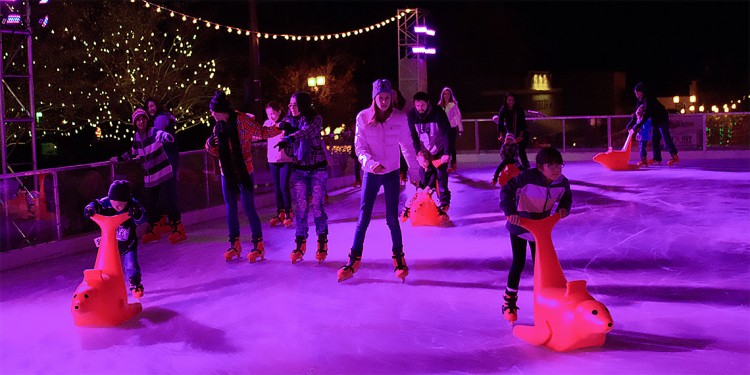 Skaters using the "Bobby" seal skating aide at Temecula on Ice