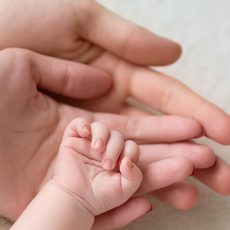 Parents' hands holding infant hand